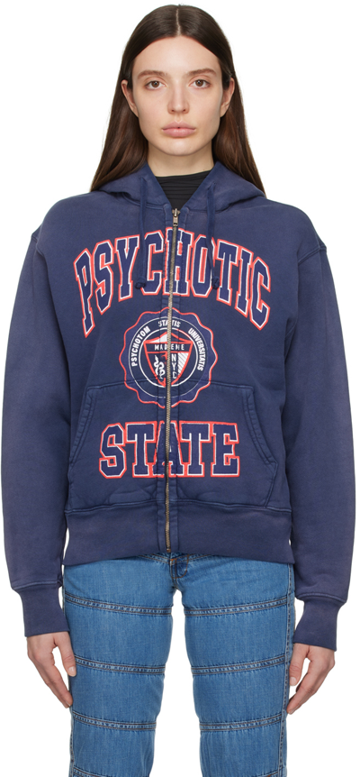 Shop Mademe Blue 'psychotic State' Hoodie In Washed Navy