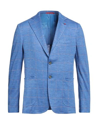 Shop Isaia Man Blazer Azure Size 48 Wool, Silk, Linen In Blue