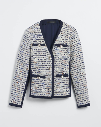 Shop White House Black Market V-neck Tweed Jacket In Ecru W/navy Combo
