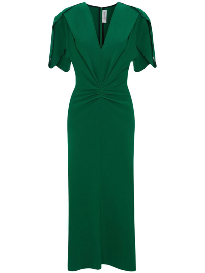 Shop Victoria Beckham Gathered V-neck Midi Dress In Green