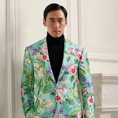 Shop Ralph Lauren Purple Label Kent Hand-tailored Botanical Silk Jacket In Turquoise Multi