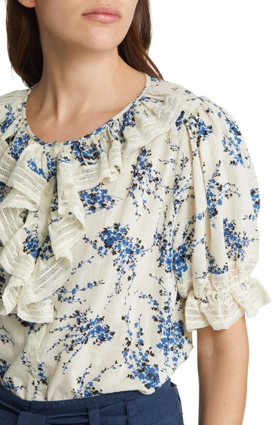 The Great Floral-print Short-sleeve Blouse In Ivory/ Blue Jasmine Floral