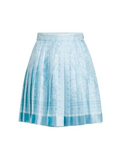 Shop Versace Women's Baroque Print Silk Twill Pleated Miniskirt In Pale Blue