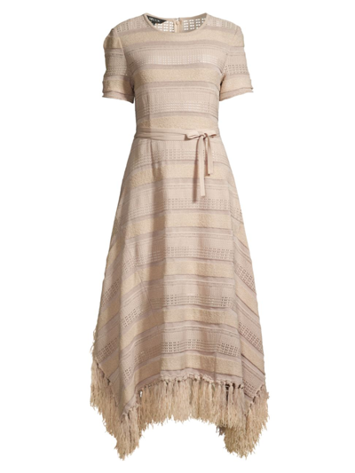 Shop Misook Women's Fringe-trim Pointelle Knit Midi-dress In Biscotti