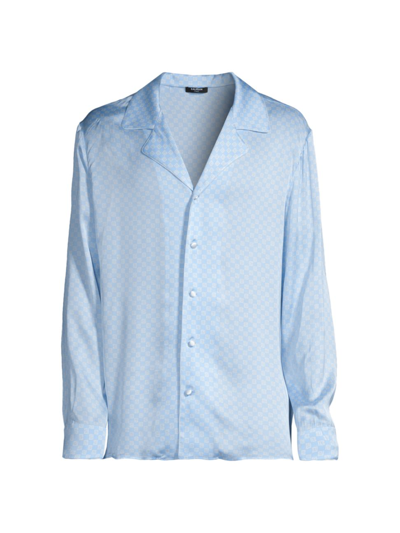 Shop Balmain Men's Mini Monogram Satin Pyjama Shirt In Light Blue Ivory