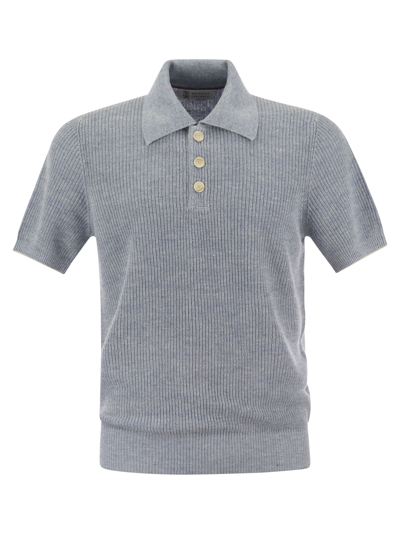 Shop Brunello Cucinelli Linen And Cotton Half-rib Knit Polo Shirt With Contrasting Detailing In Light Blue