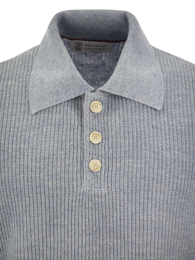Shop Brunello Cucinelli Linen And Cotton Half-rib Knit Polo Shirt With Contrasting Detailing In Light Blue