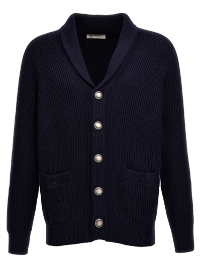 Brunello Cucinelli Shawl-collar Ribbed Cotton Cardigan In Blue