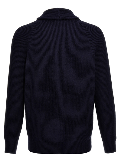 Brunello Cucinelli Shawl-collar Ribbed Cotton Cardigan In Blue