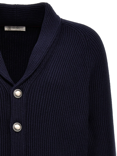Brunello Cucinelli Shawl-collar Ribbed Cotton Cardigan In Blue