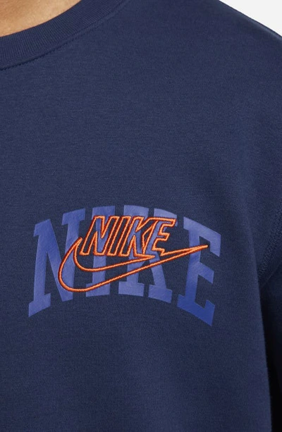 Shop Nike Club Arch Logo Fleece Crewneck Sweatshirt In Midnight Navy/ Safety Orange