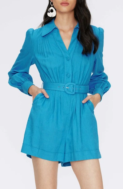 Shop Diane Von Furstenberg Daniella Belted Long Sleeve Romper In Cerulean Blue