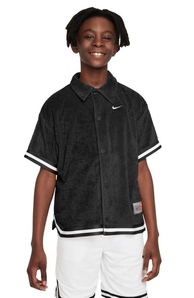 Shop Nike Kids' Culture Of Basketball Terry Cloth Short Sleeve Snap-up Shirt In Black/ White