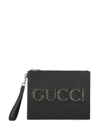 Shop Gucci Logo Patch Clutch Bag In Black