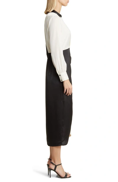 Shop Anne Klein Colorblock Long Sleeve Satin Faux Wrap Dress In Anne Black/ Anne White