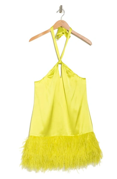 Shop Cinq À Sept Barb Feather Hem Silk Halter Dress In Key Lime