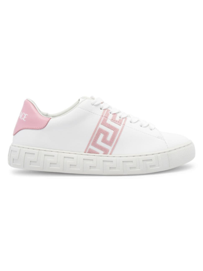 Shop Versace Women's Embroidered Leather Low-top Sneakers In White Pink