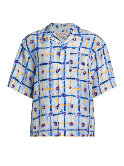 Shop Marni Men's Abstract Silk Boxy-fit Bowling Shirt In Light Blue