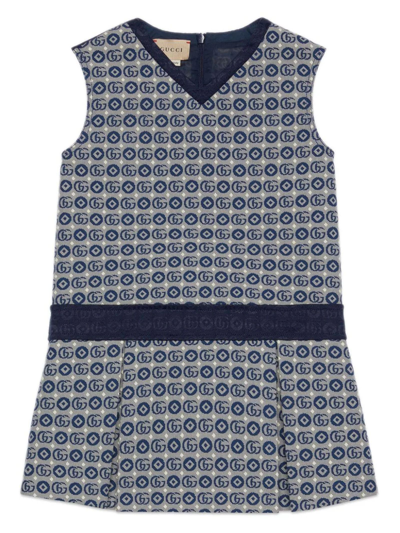 Shop Gucci Double G Jacquard Pleated Dress In Blu