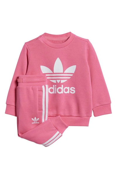 Shop Adidas Originals Kids' Adicolor Crewneck Sweatshirt & Joggers Set In Pink Fusion