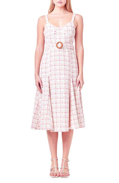 Shop English Factory Belted Tweed Fit & Flare Midi Dress In Pink Multi