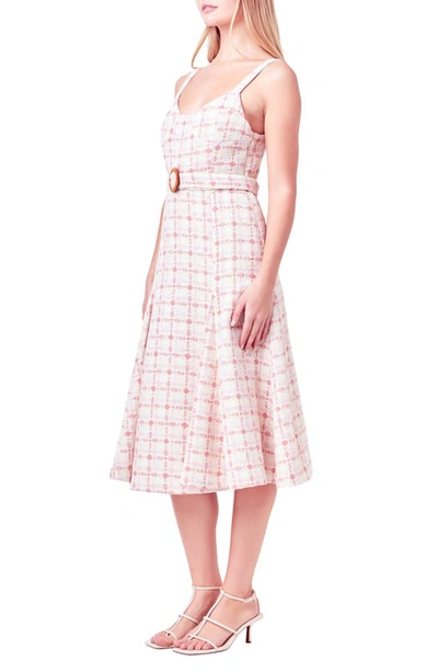 Shop English Factory Belted Tweed Fit & Flare Midi Dress In Pink Multi