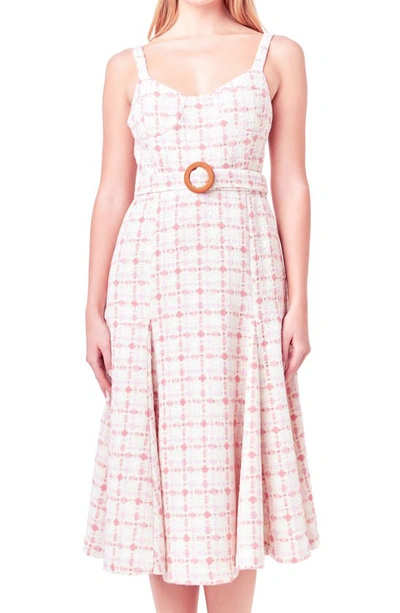 Shop English Factory Belted Tweed Fit & Flare Midi Dress In Pink Multi