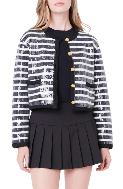 Shop English Factory Sequin Stripe Cardigan In Black/ Ivory