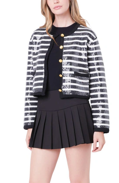 Shop English Factory Sequin Stripe Cardigan In Black/ Ivory