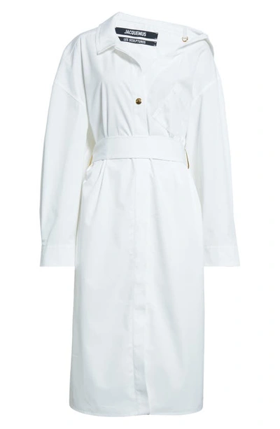 Shop Jacquemus La Robe Chemise Long Sleeve Asymmetric Cotton Poplin Shirtdress In White