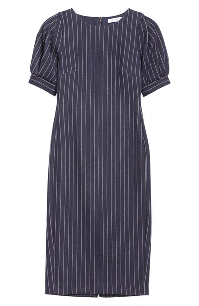 Shop Max Mara Tunica Pinstripe Puff Sleeve Sheath Dress In Ultramarine