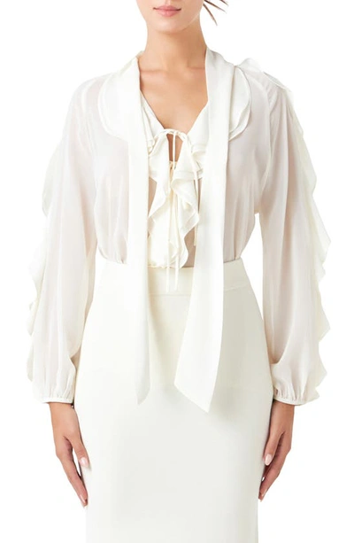 Shop Endless Rose Sheer Chiffon Ruffle Shirt In Cream