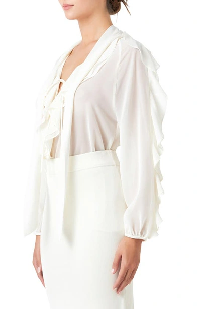 Shop Endless Rose Sheer Chiffon Ruffle Shirt In Cream