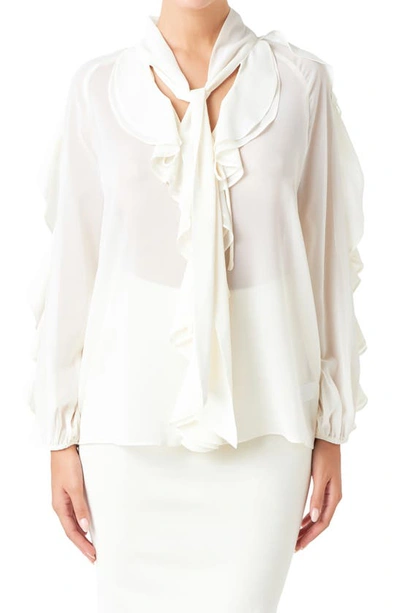 Shop Endless Rose Sheer Chiffon Ruffle Shirt In Cream