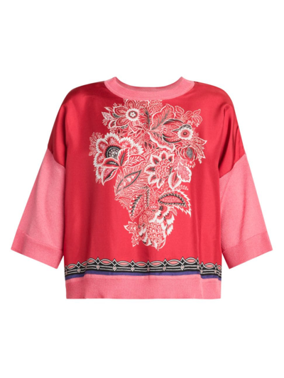 Shop Etro Women's Silk-front Bandana Knit Top In Print Floral Red