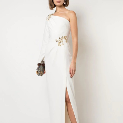 Shop Marchesa Beaded Stretch Crepe Gown In White