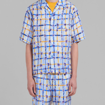 Shop Marni Habotai Silk Bowling Shirt With Saraband Print In Blue