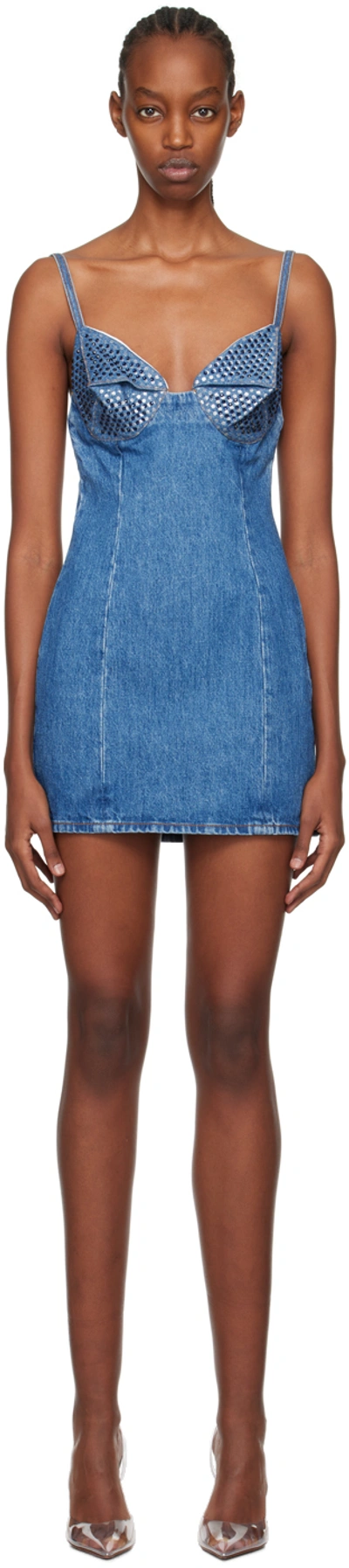 Shop Area Blue Crystal Denim Minidress In Medium Indigo