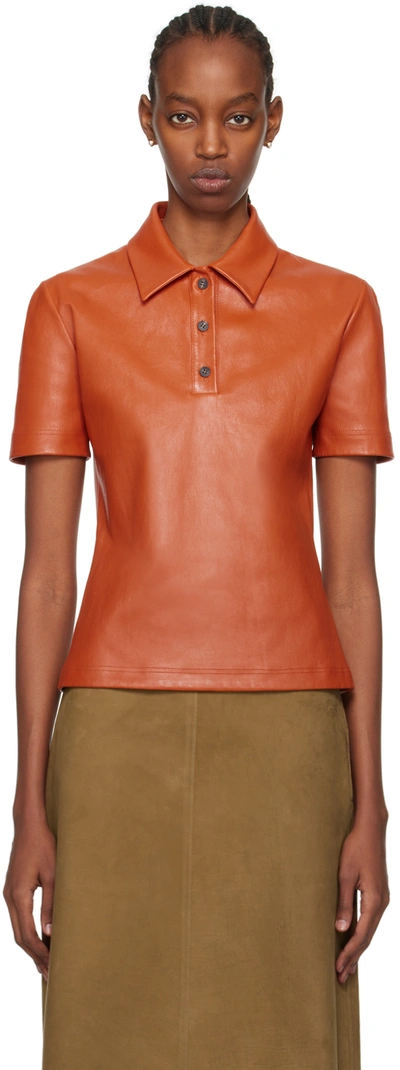 Shop Ferragamo Orange Spread Collar Leather Polo In 003 Terracotta