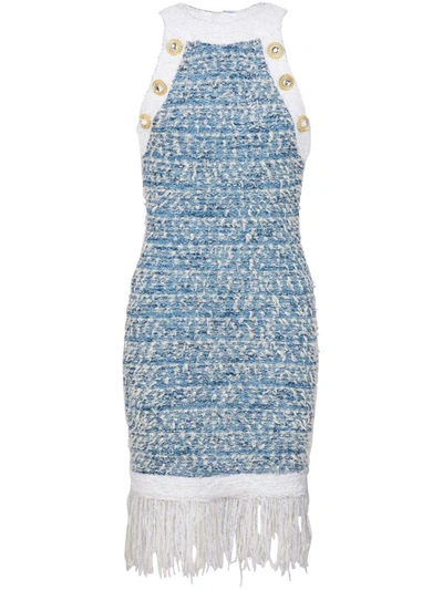 Balmain Fringed Denim Tweed Dress In Light Blue/white