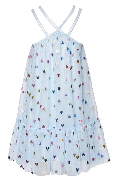 Shop Truly Me Kids' Foil Heart Mesh Trapeze Dress In Blue Multi