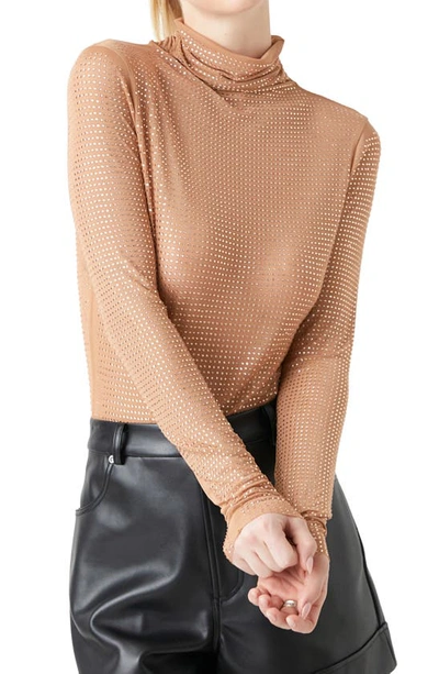 Endless Rose Embellished Mesh Turtleneck Bodysuit In Beige