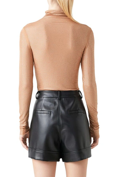Endless Rose Embellished Mesh Turtleneck Bodysuit In Beige
