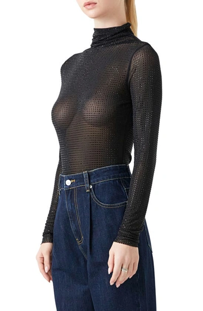 Endless Rose Embellished Mesh Turtleneck Bodysuit In Black