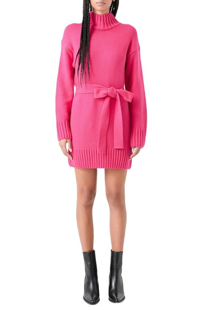 Shop Grey Lab Tie Belt Long Sleeve Sweater Minidress In Fuchsia