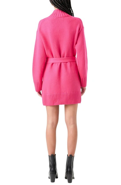 Grey Lab Tie Belt Long Sleeve Sweater Minidress In Fuchsia