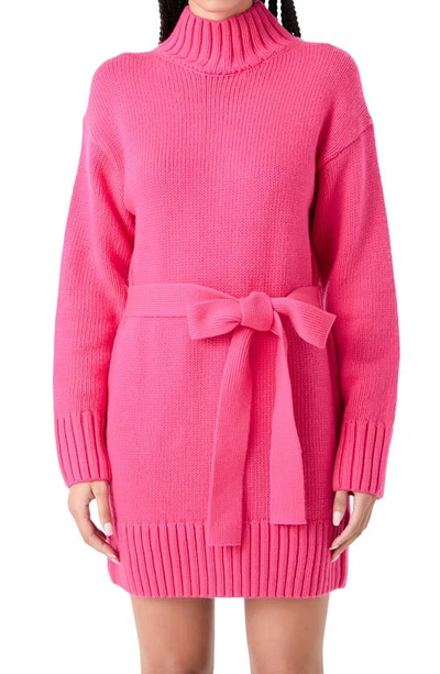 Grey Lab Tie Belt Long Sleeve Sweater Minidress In Fuchsia