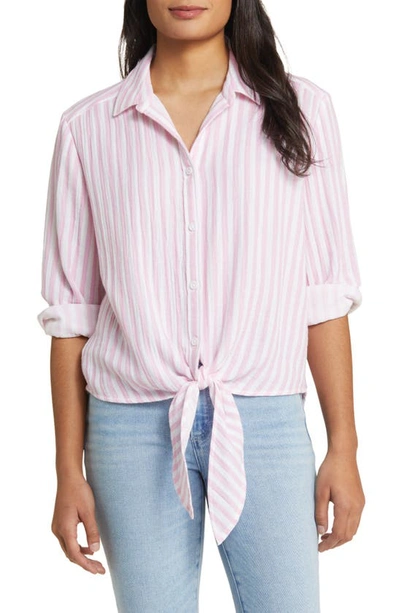 Shop Beachlunchlounge Lani Stripe Tie Front Cotton Shirt In Bleeding Heart