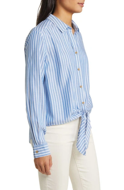 Shop Beachlunchlounge Marlo Stripe Tie Front Button-up Shirt In Pearl Blue