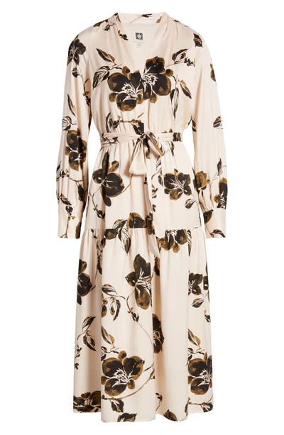 Shop Anne Klein Floral Print Tiered Long Sleeve Midi Dress In Antique White/ Black